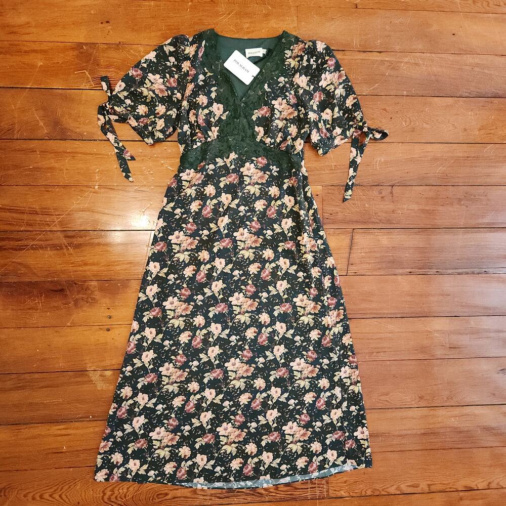 Floral dress green romantic roses polagram size L